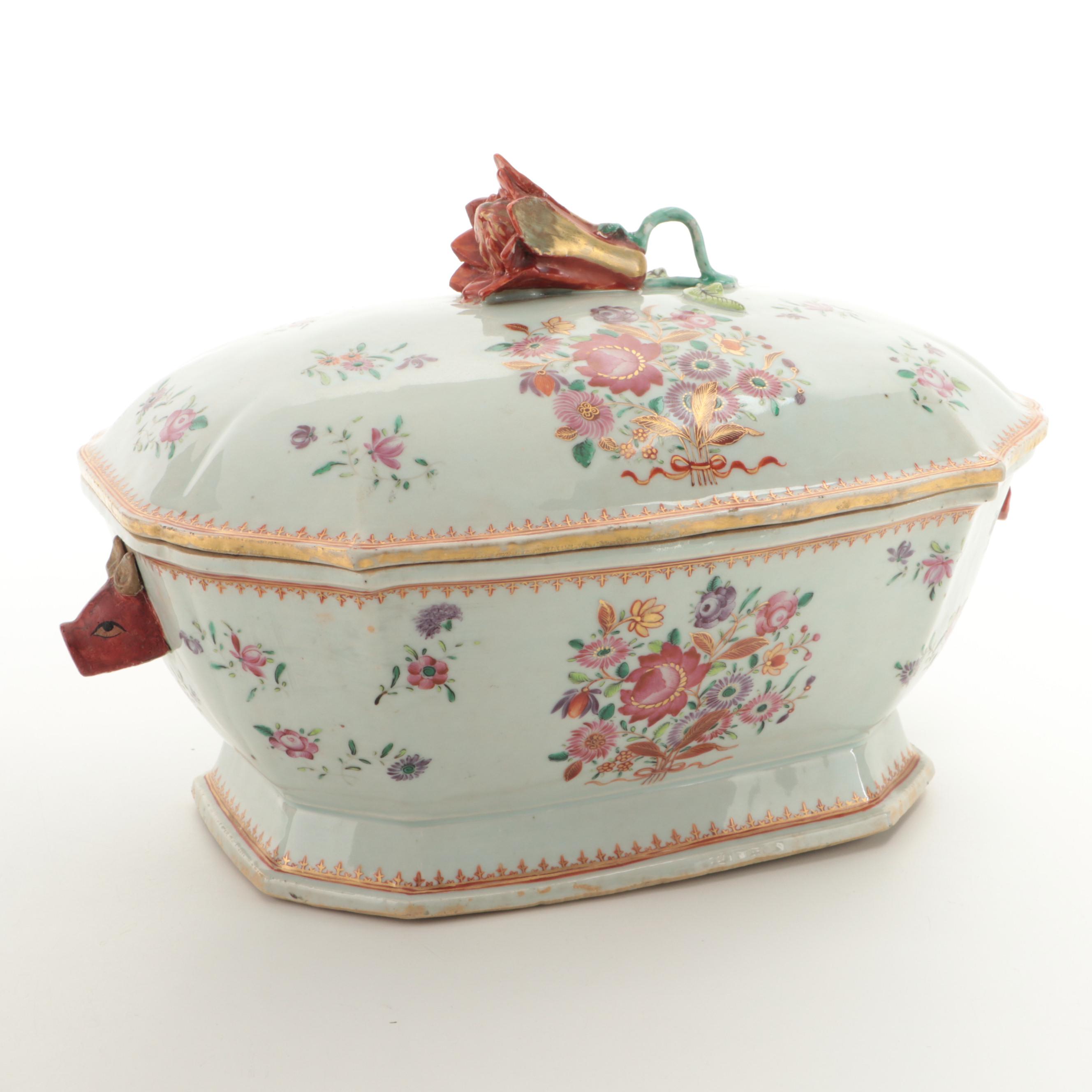 Chinese Export Hand-Painted Porcelain Tureen with Boar's Head Handles ...