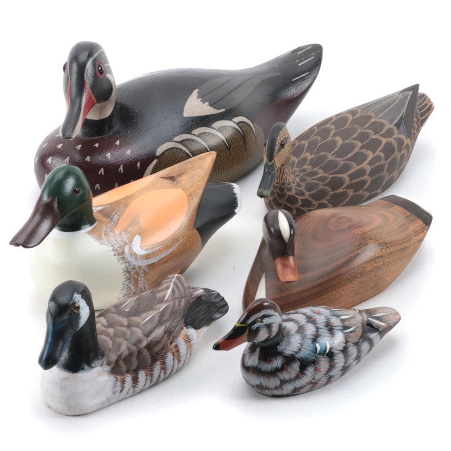 Dave Frier Signed Duck Decoy with Other Hand-Painted Wooden Duck Decoys