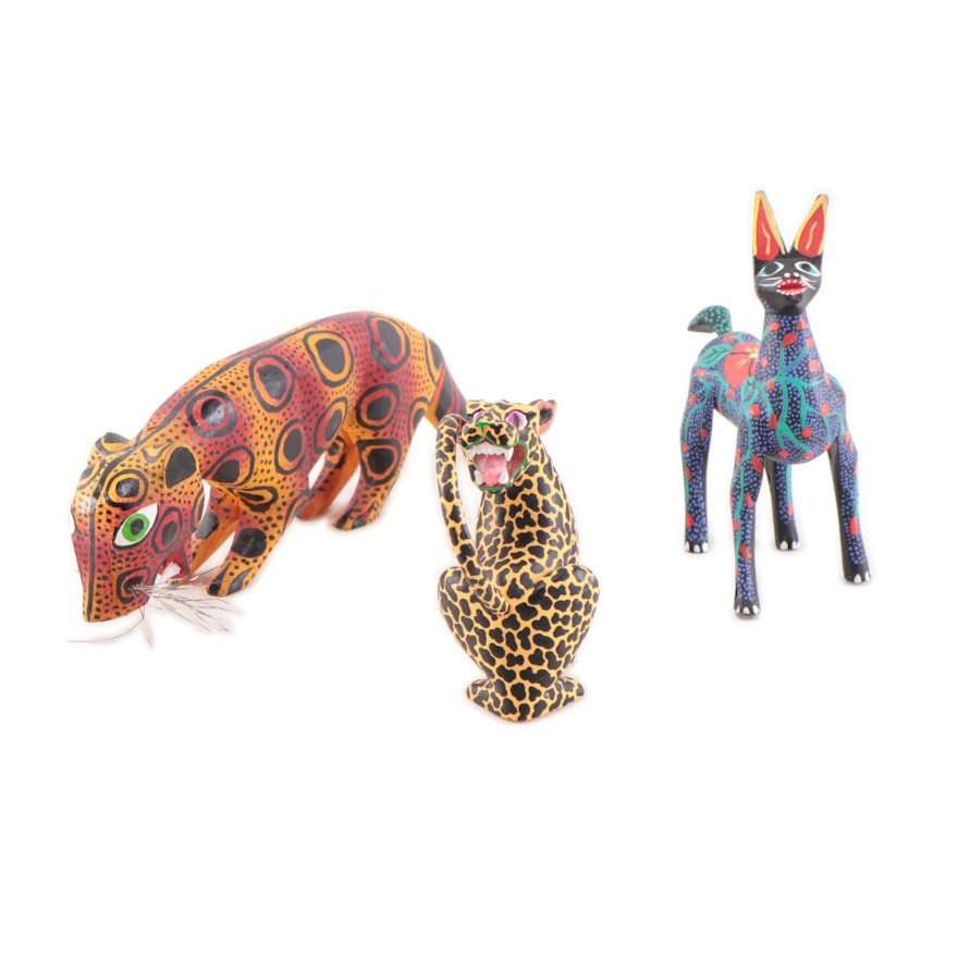 Mexican Folk Art Hand-Painted Wood Alebrijes of Wild Cats