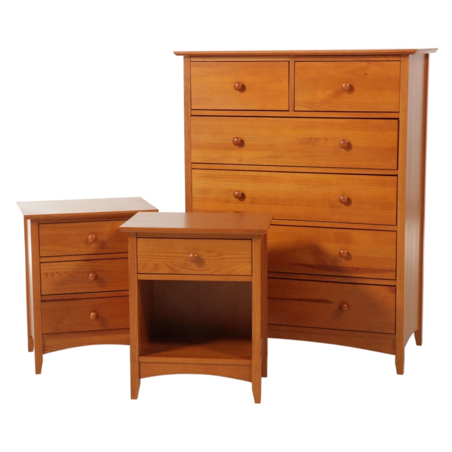 Shaker Style Pine Six-Drawer Chest Plus Two Nightstands