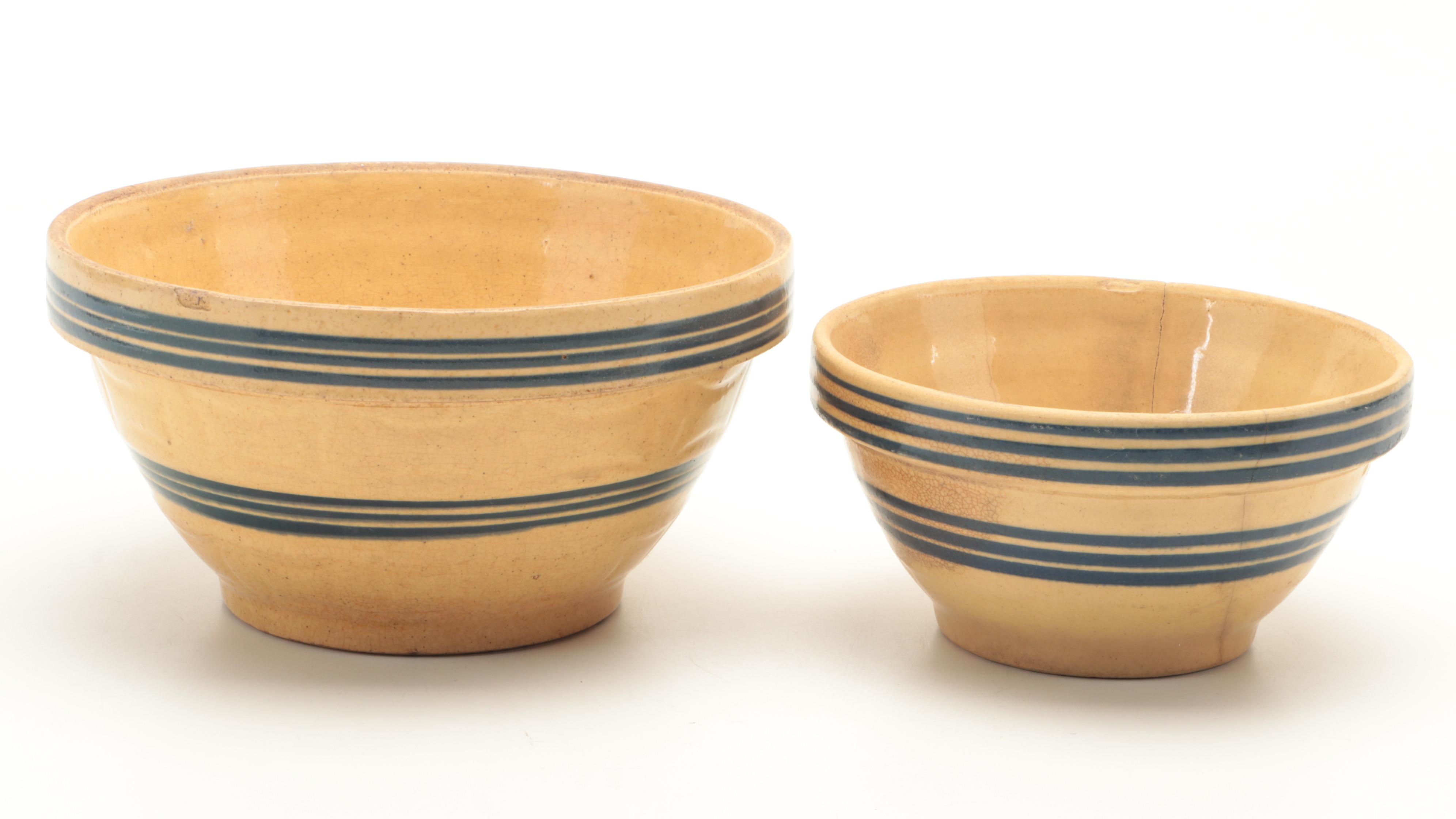 Yellow Ware Blue Banded and Other Stoneware Mixing Bowls, Early to Mid