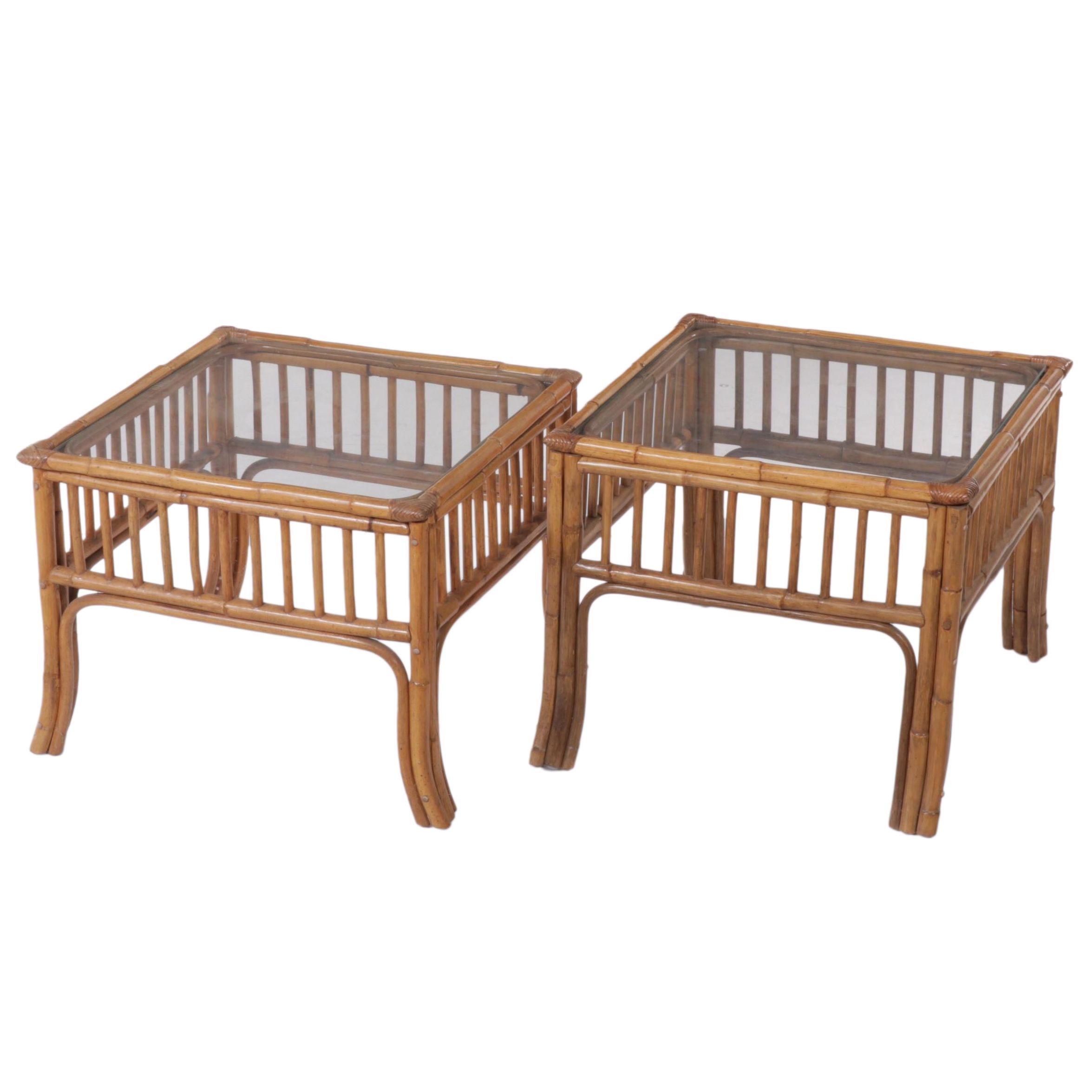 Pair of Rattan and Glass Top Patio Side Tables, Mid to Late 20th Century EBTH