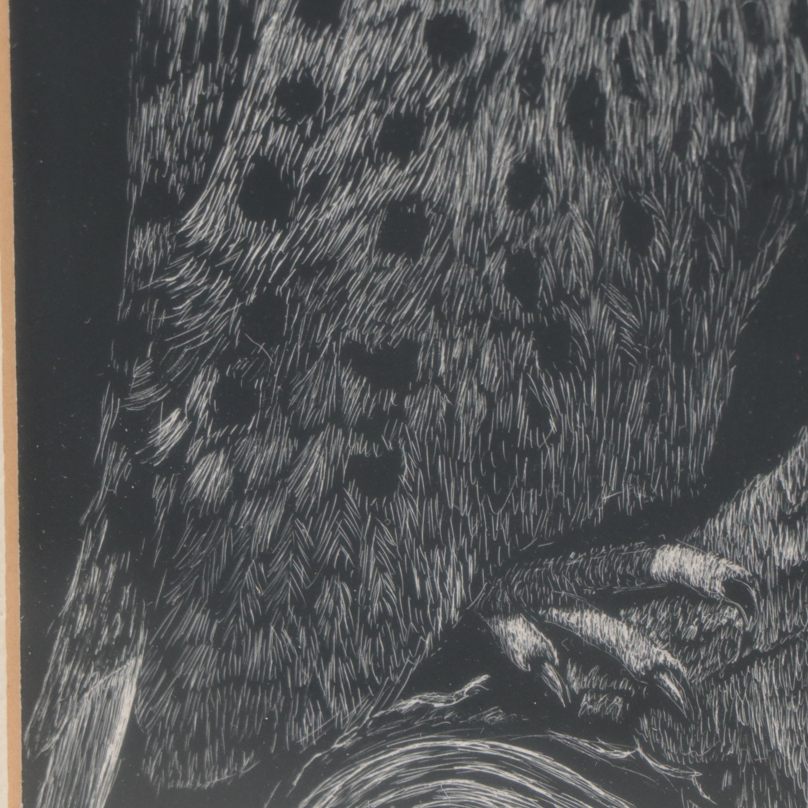 W. Burton Scratchboard Drawing of Bird EBTH