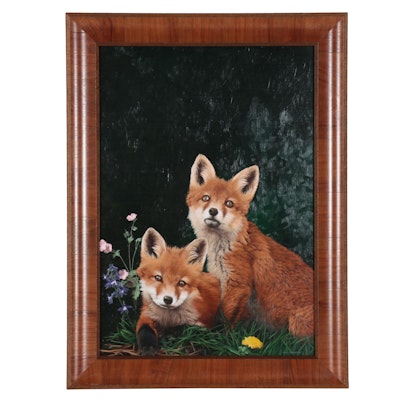 Mark Eberhard Oil Painting of Fox Kits in Nature