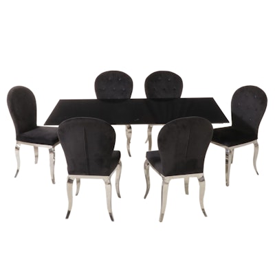 Modernist Black Glass and Chrome Dining Table and Six Chairs