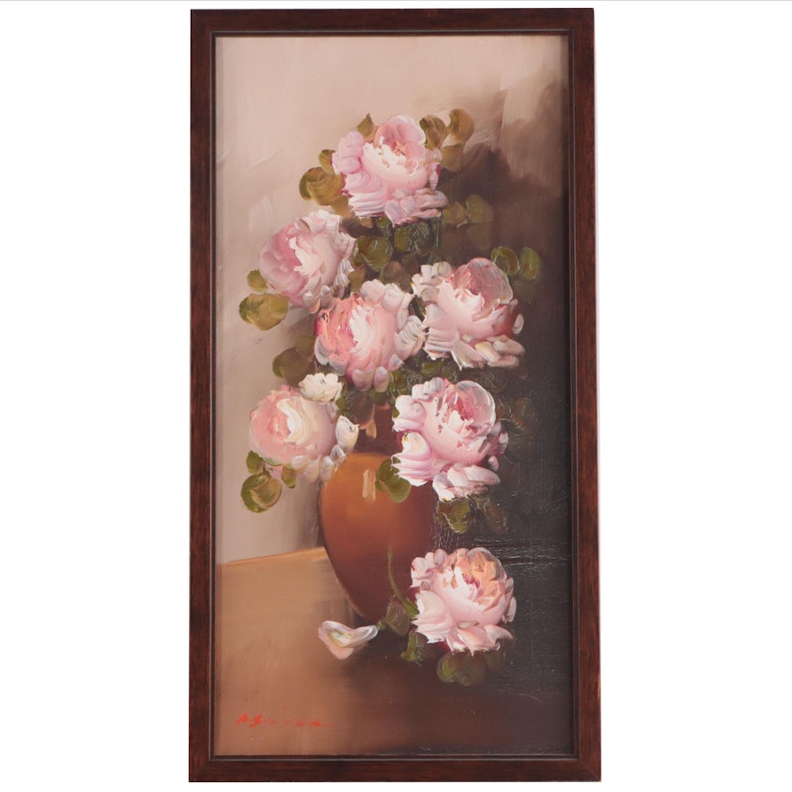 A. Silver Floral Still Life Acrylic Painting, Late 20th Century