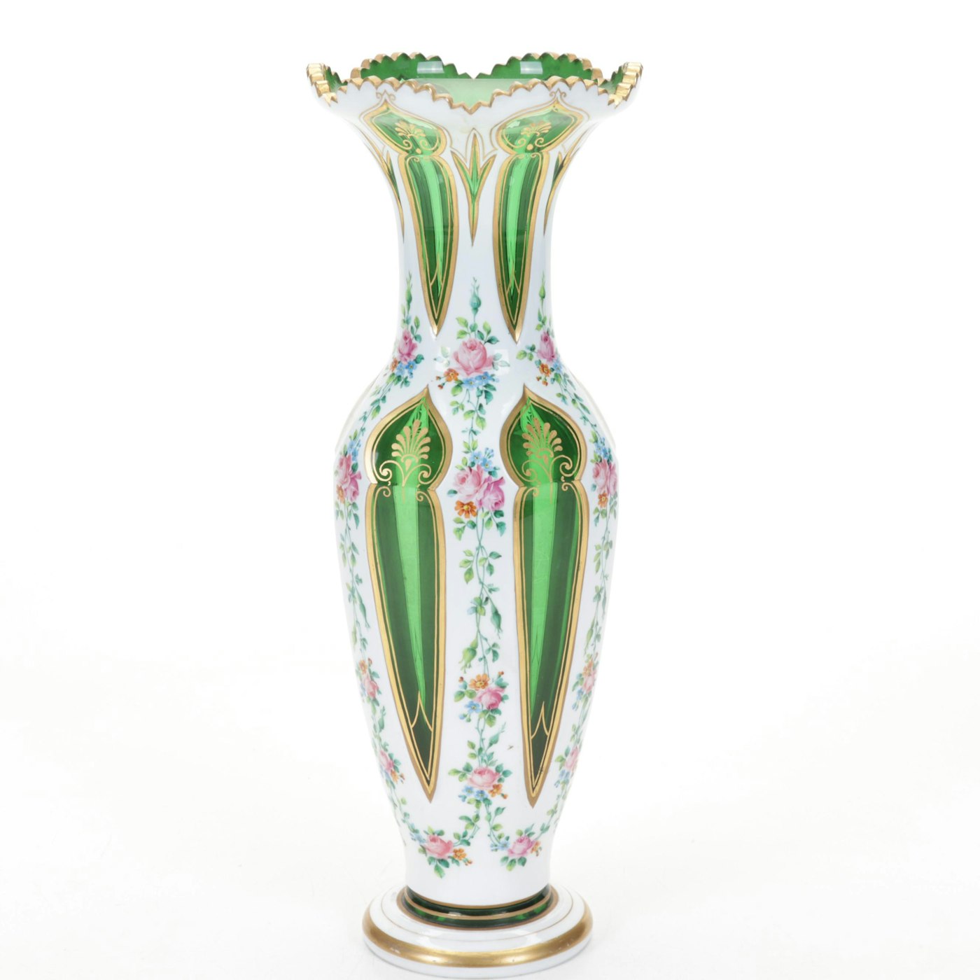 Josephinenhütte Bohemian Cut To Green Vase With Hand Painted Enamel Overlay Ebth