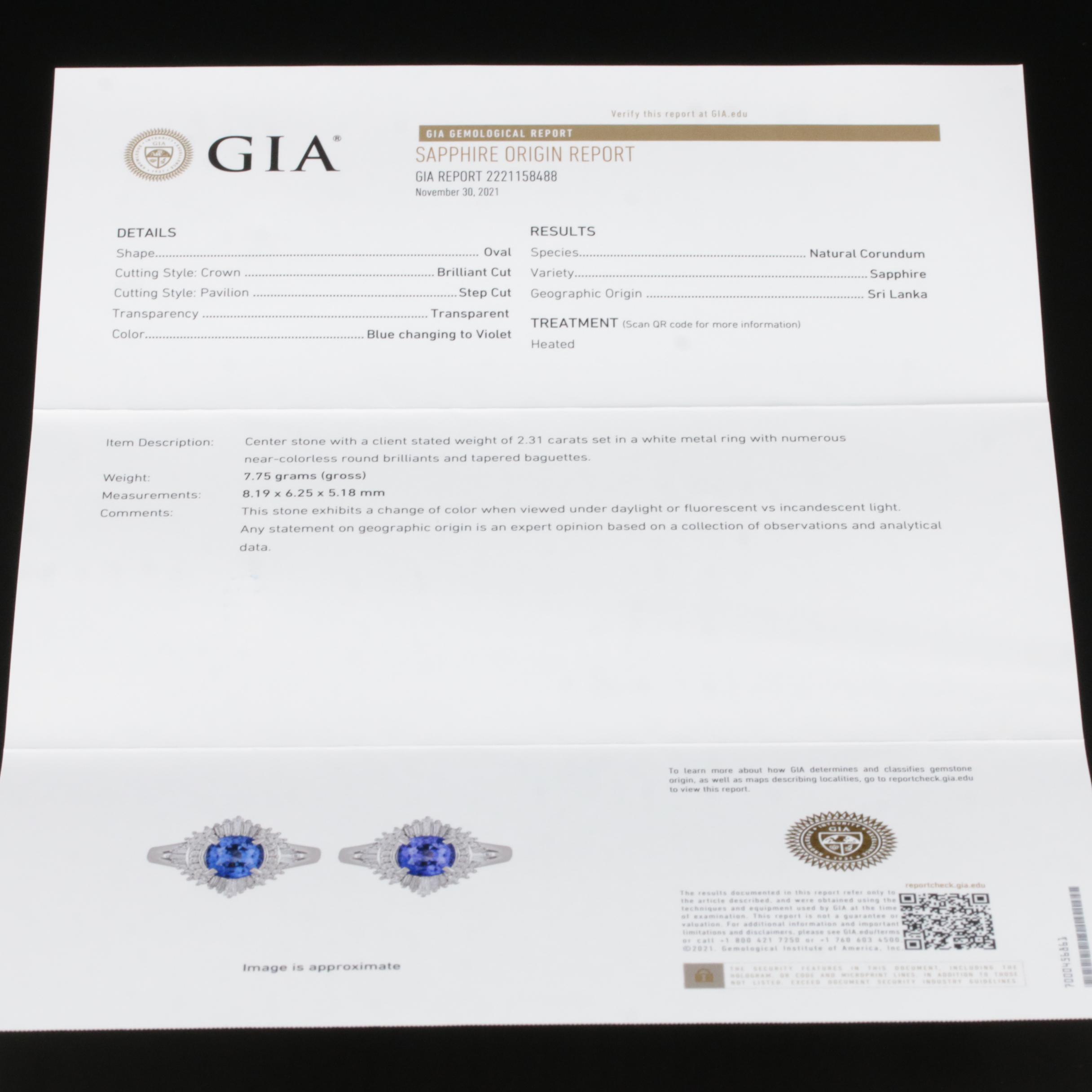 Platinum 2.31 CT Ceylon Color Change Sapphire and Diamond Ring with GIA ...