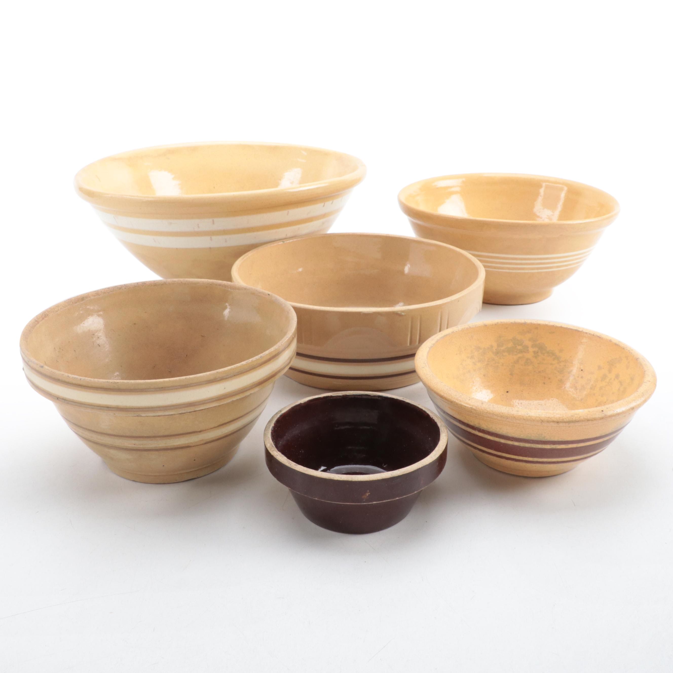 Yellow Ware Banded Mixing Bowl with Other Brownware Bowl, Early-Mid ...