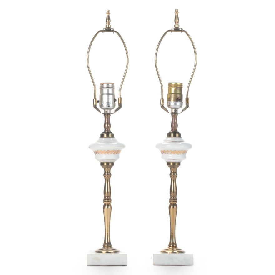 Pair of Milk Glass, Brass and Marble Table Lamps, Mid to Late 20th Century