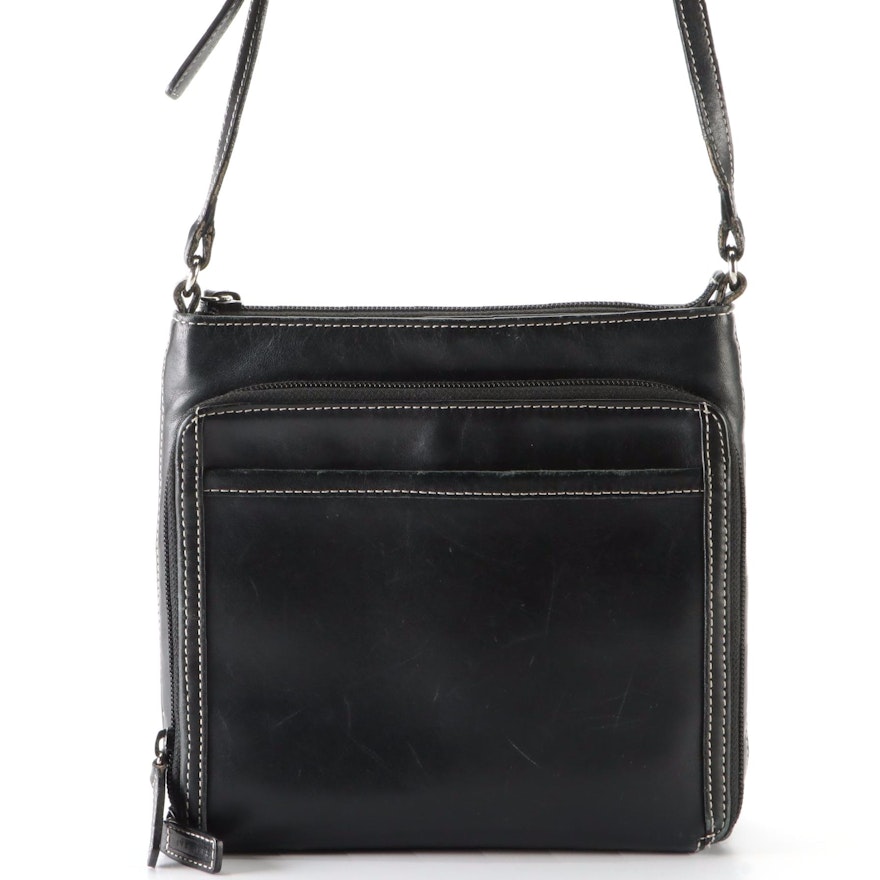 Levenger Crossbody Bag in Black Leather with Contrast Stitching