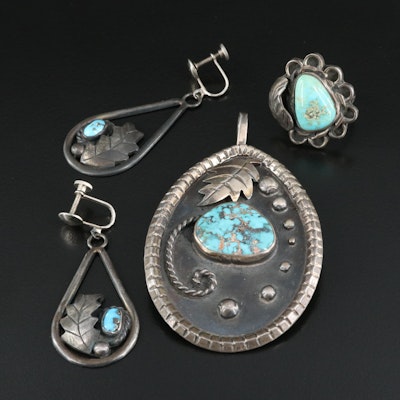 Southwestern Style Sterling Turquoise Earrings, Ring and Pendant
