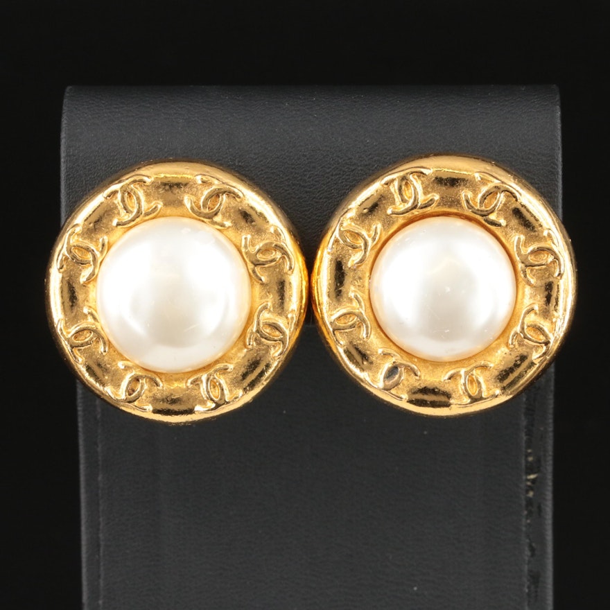 Vintage Chanel Faux Pearl Logo Button Earrings