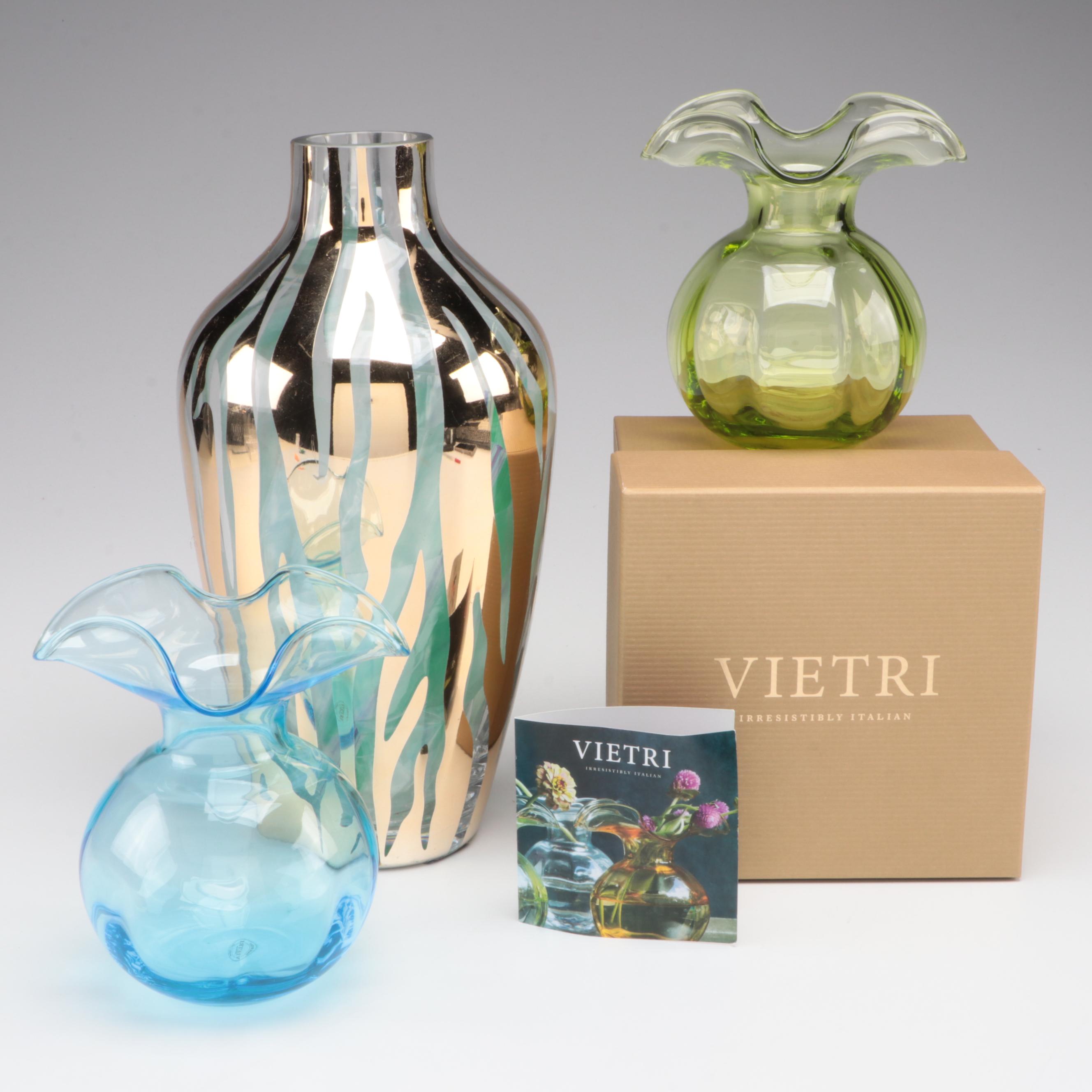 Vietri Optic Mold Blown Glass Vases with Mikasa Gold Zebra Glass Vase EBTH