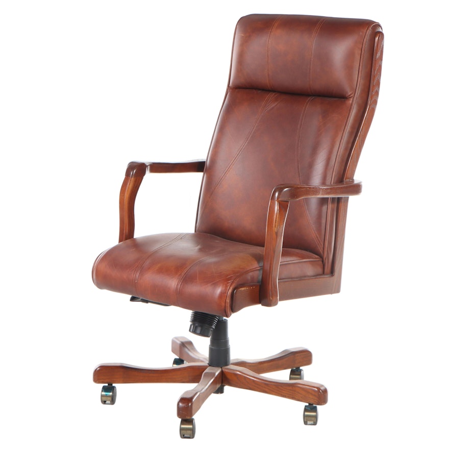 Oak and Leather Adjustable Executive Office Chair