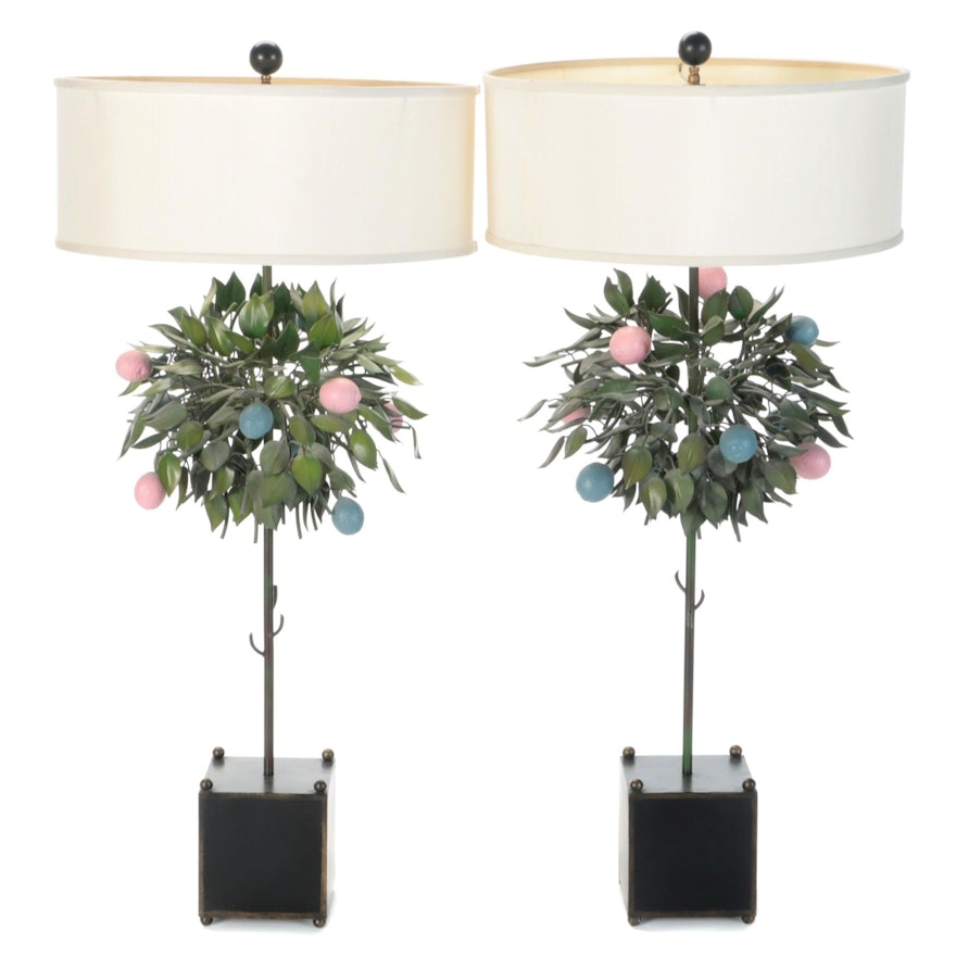 Pair of Easter Themed Topiary Console Lamps, 20th Century