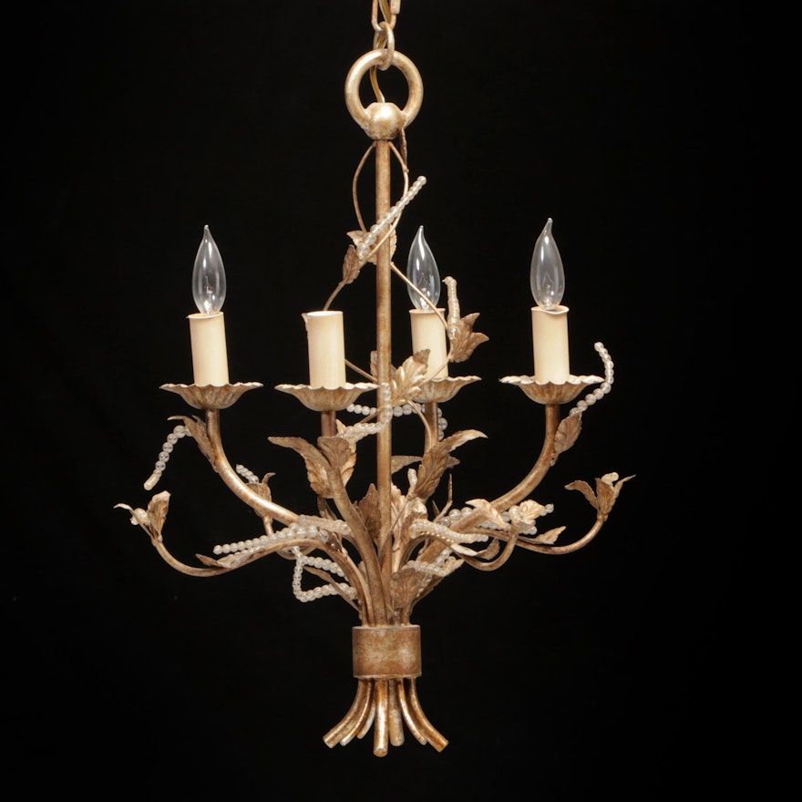 Italianate Style Patinated Metal Four-Light Chandelier with Beaded Accents