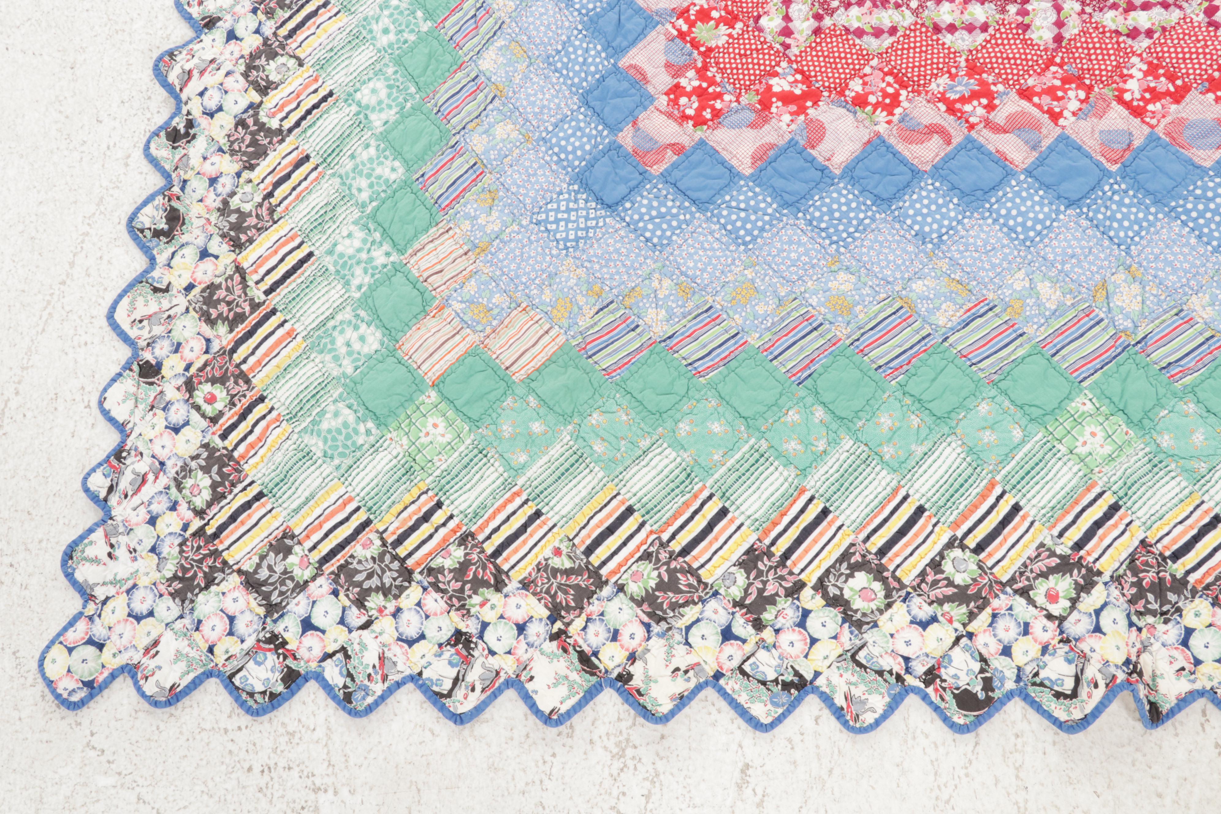 Handmade "Trip Around the World" Patchwork Quilt, Early to Mid 20th