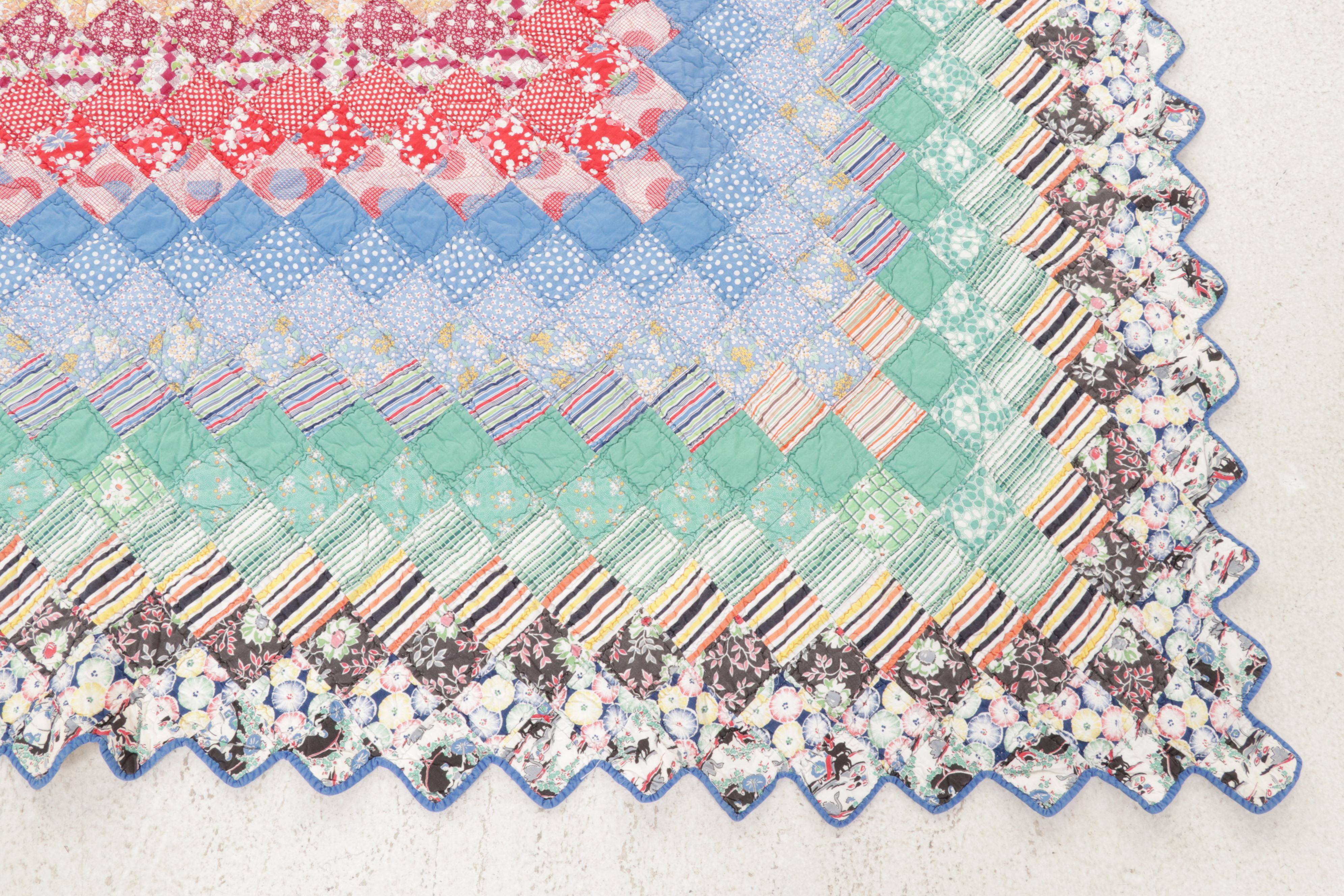 Handmade "Trip Around the World" Patchwork Quilt, Early to Mid 20th