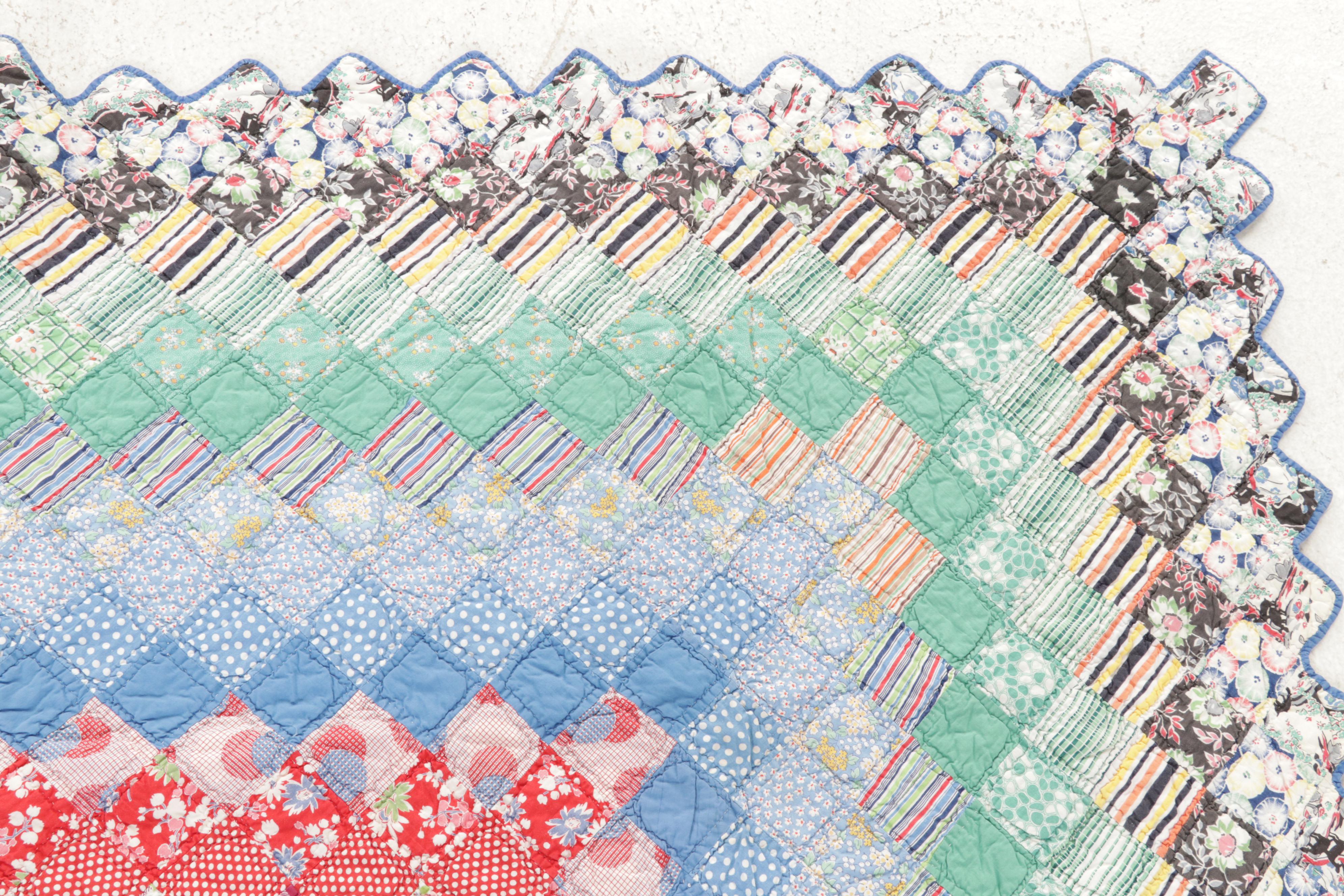 Handmade "Trip Around the World" Patchwork Quilt, Early to Mid 20th