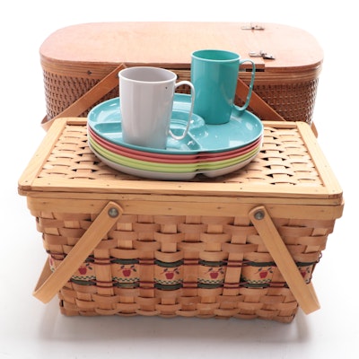 Woven Split Wood Picnic Basket with Gothamware Plastic Plates and Cups