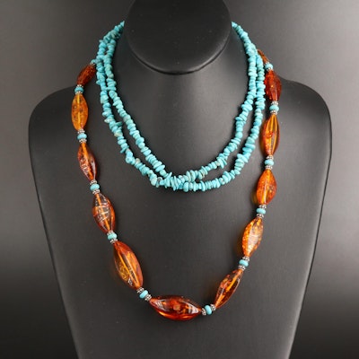 Sterling Turquoise and Amber Necklaces with Insect Inclusions