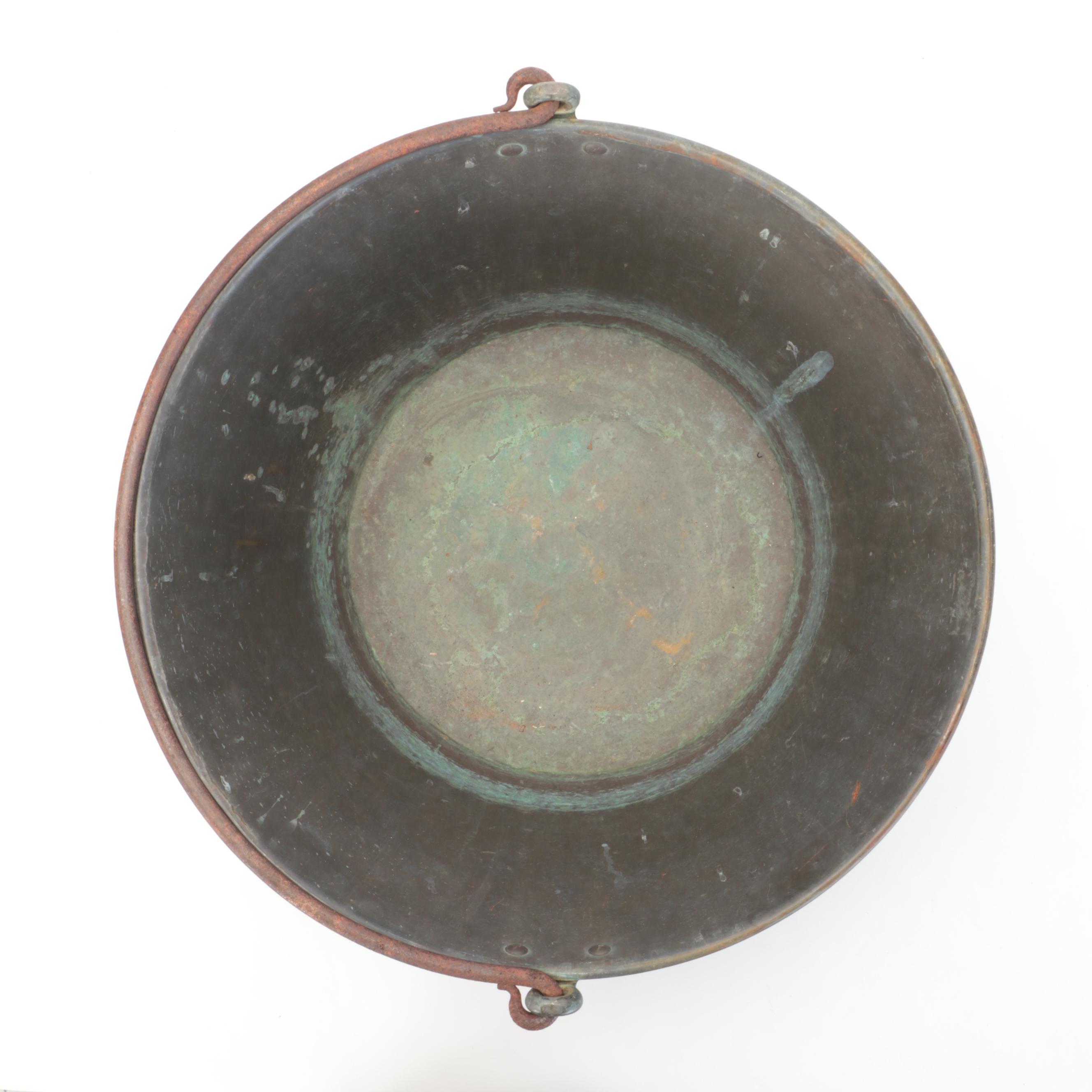 The American Brass Kettle Mfg Metal Cauldron With Wrought Iron Handle