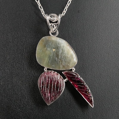 Sterling Tourmaline and Sapphire Drop Pendant Necklace