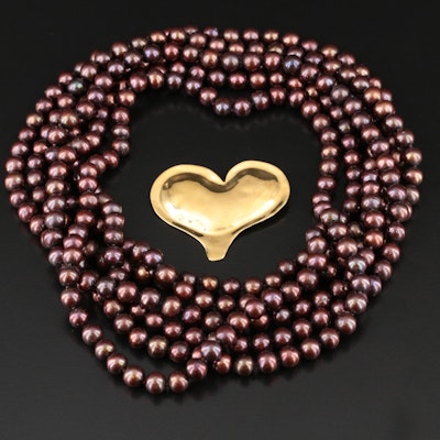 Rope Length Pearl Necklace with Hammered Heart Brooch