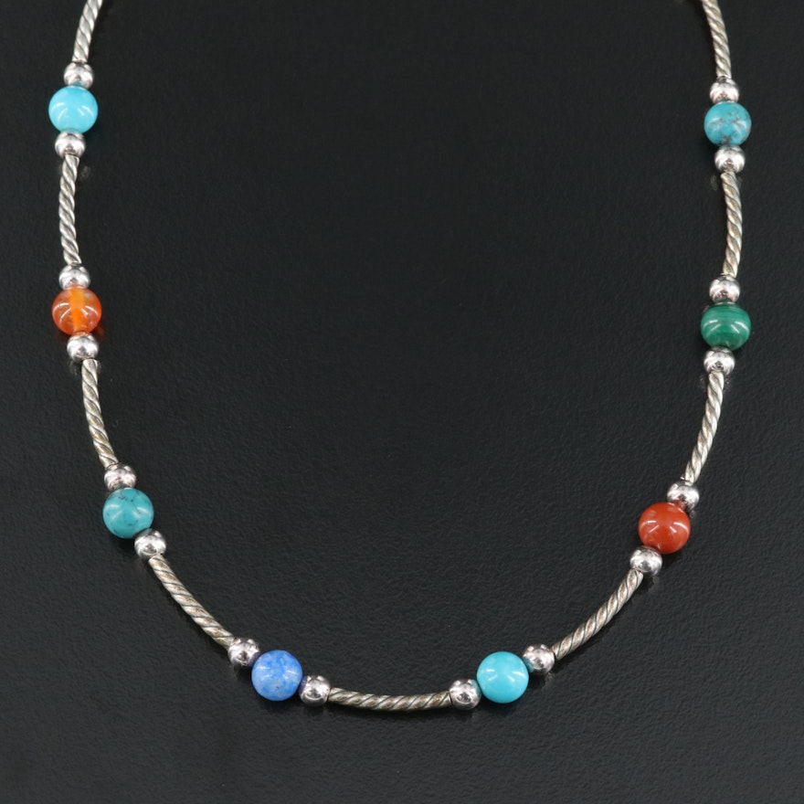 Relios Sterling Station Necklace Including Carnelian, Jasper and Malachite