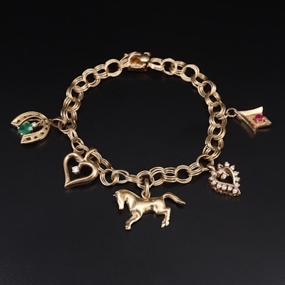 14K Charm Bracelet with Emerald, Ruby and Diamonds