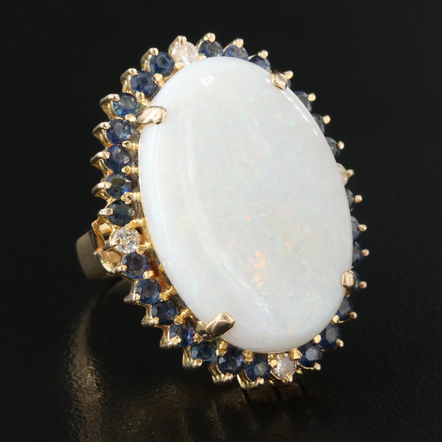 14K 13.59 CT Opal, Diamond and Sapphire Ring