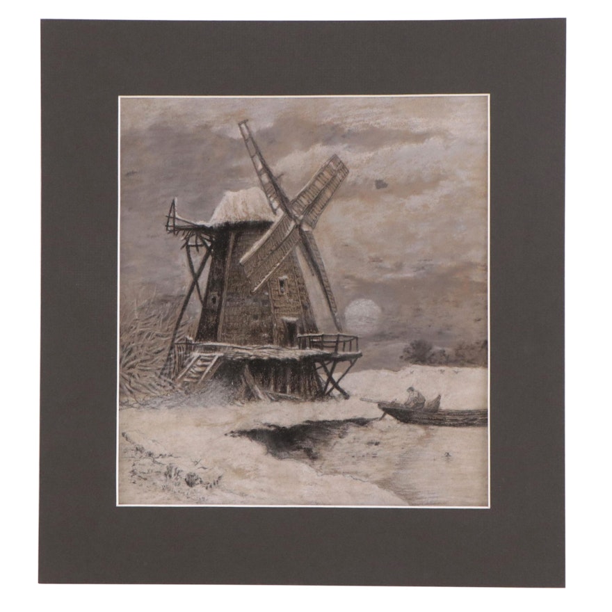 Winter Landscape Charcoal Drawing of Windmill, Early 20th Century