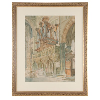 Watercolor Painting of English Chapel Interior, Early 20th Century