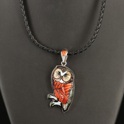 Southwestern Style Sterling Gemstone Inlay Owl Pendant Necklace