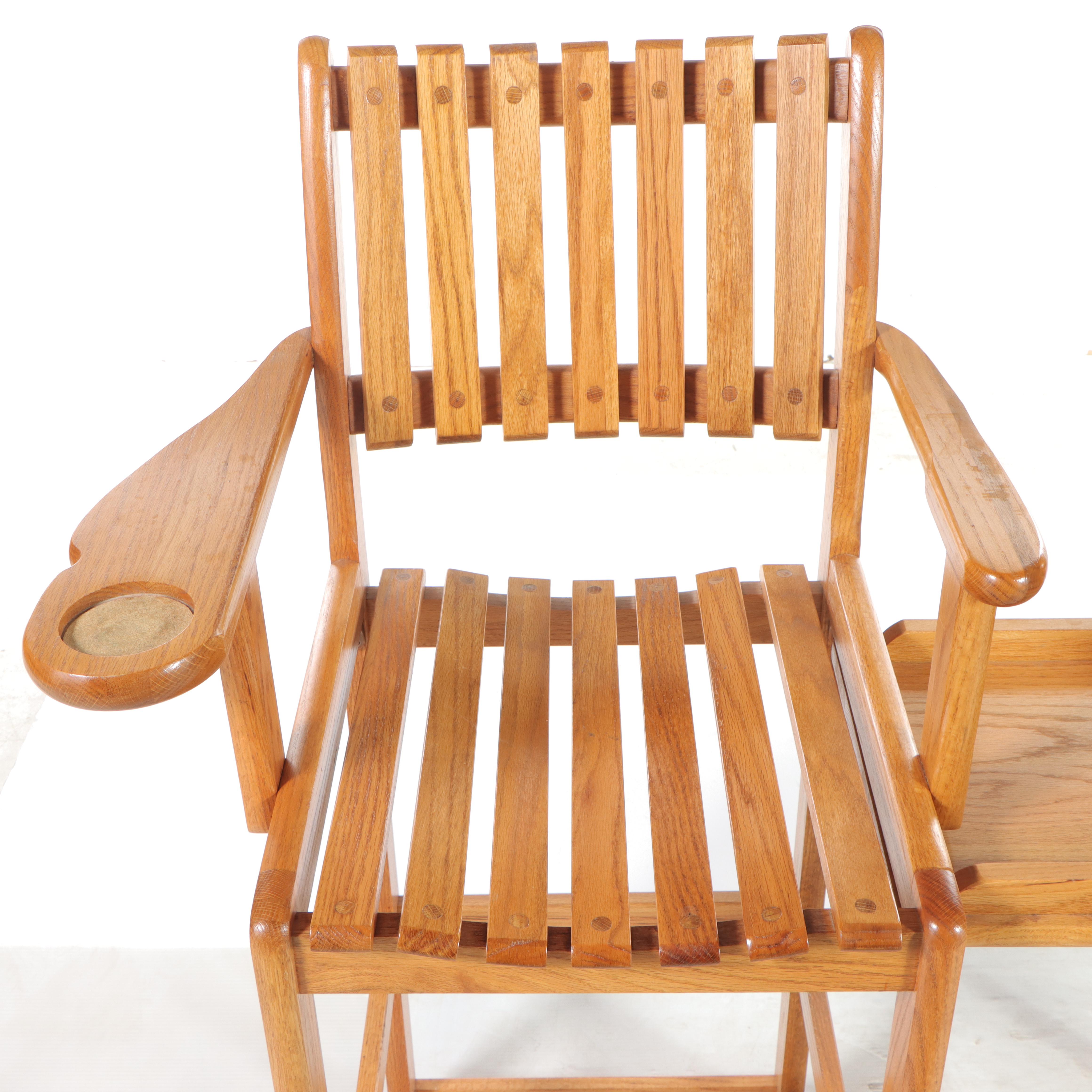 Slatted Oak HighTop Double Chair with Table Stretcher, Late 20th