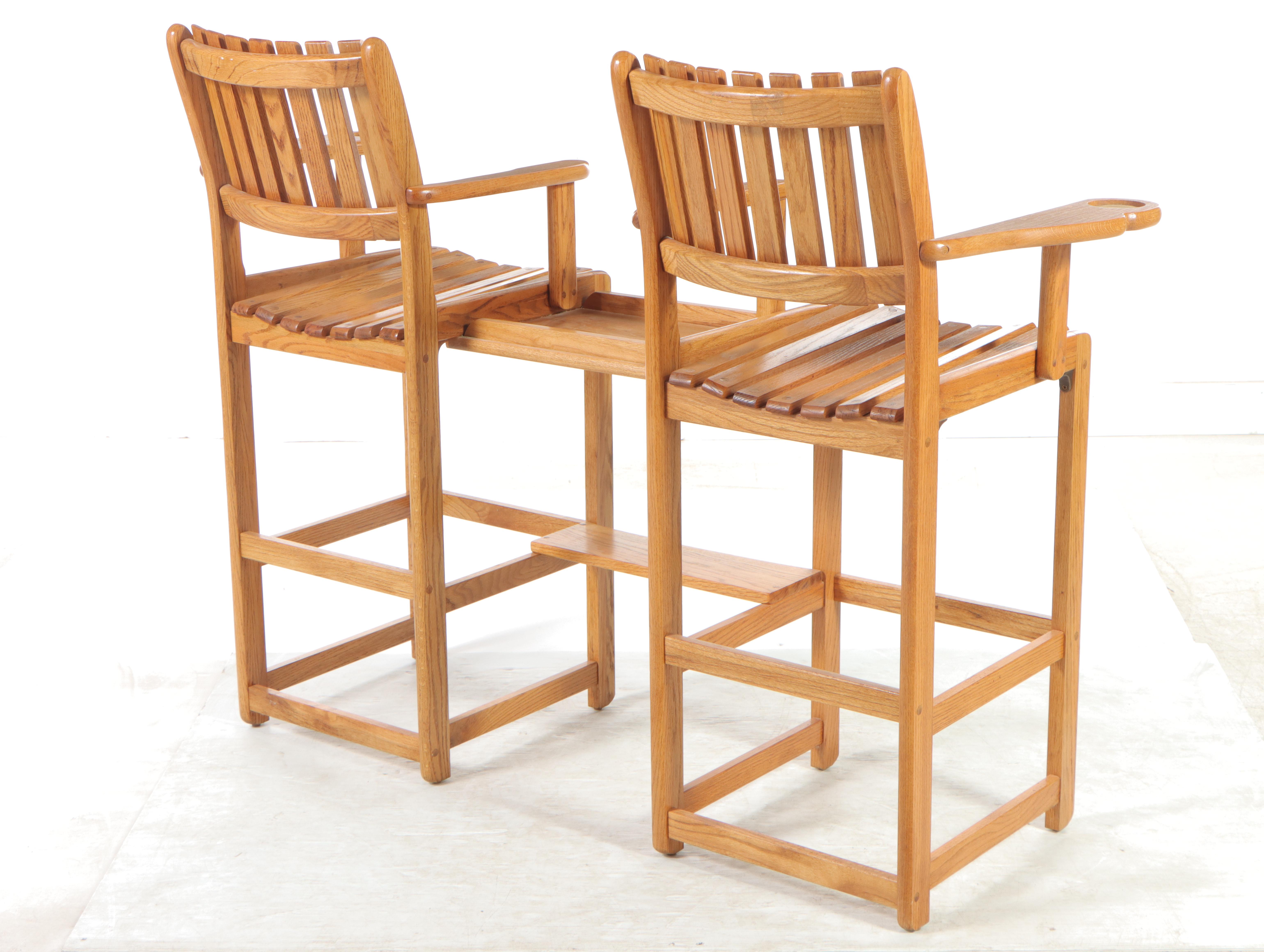 Slatted Oak HighTop Double Chair with Table Stretcher, Late 20th