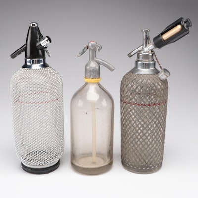 Art Deco Style Metal Mesh and Glass Seltzer Bottles, 20th Century