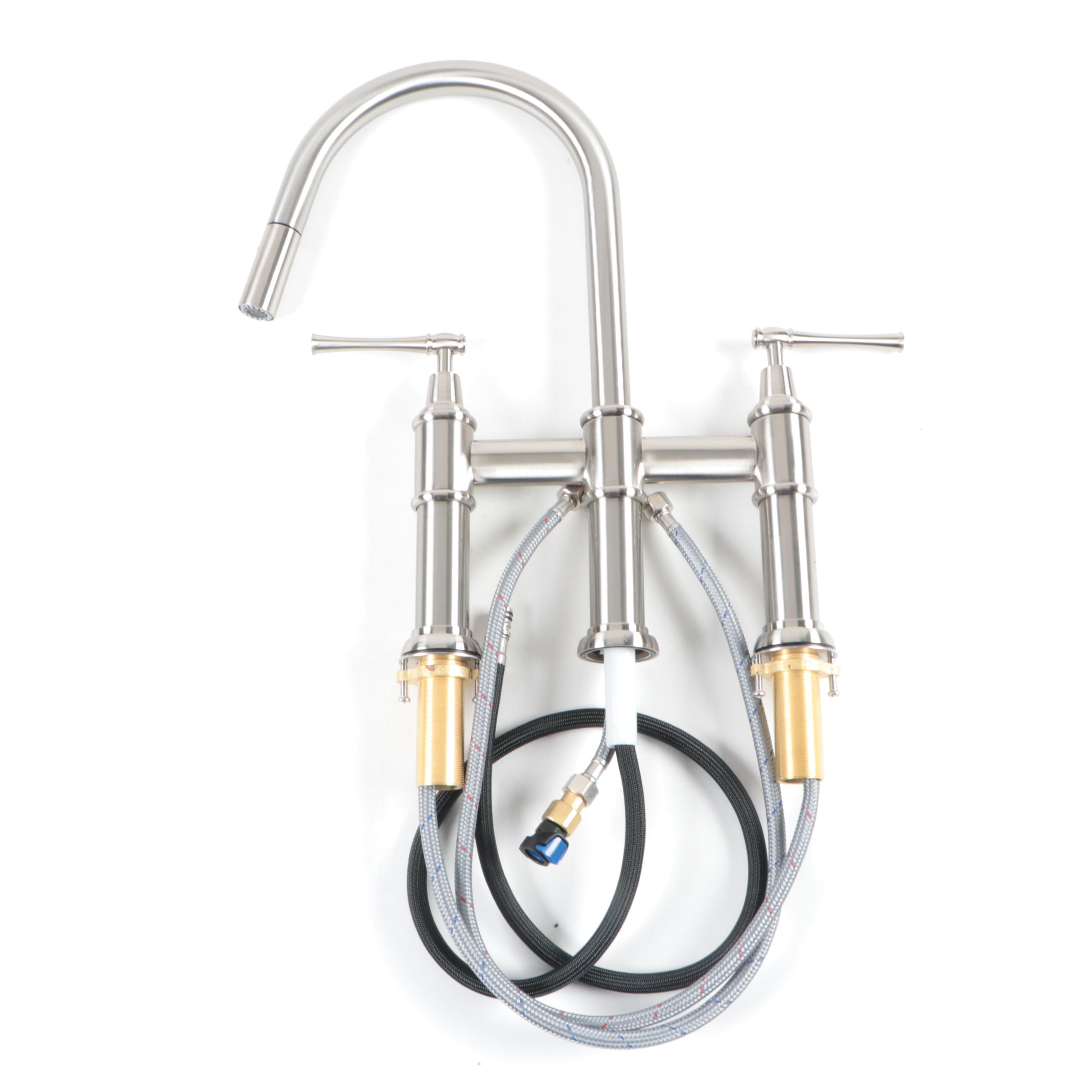 Brushed Nickel Finish PullDown Bridge Kitchen Faucet EBTH