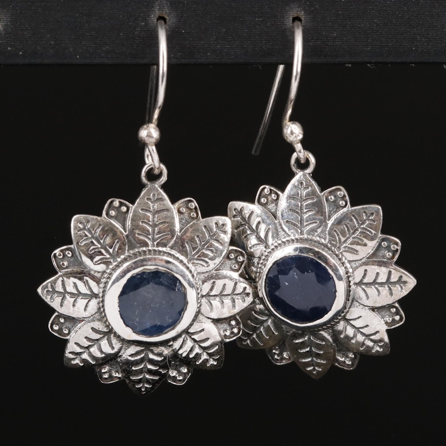 Sterling Sapphire Flower Drop Earrings