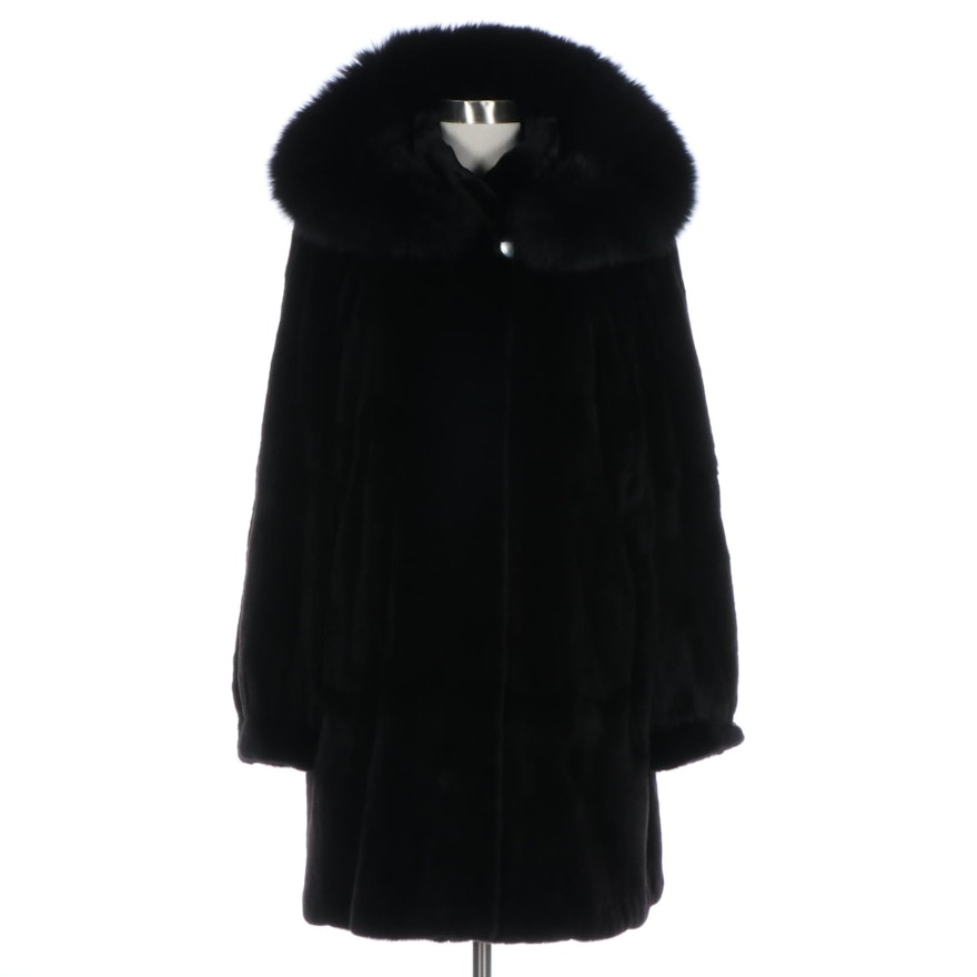 Kotsovos Reversible Sheared Mink Fur Coat with Fox Fur Trimmed Hood