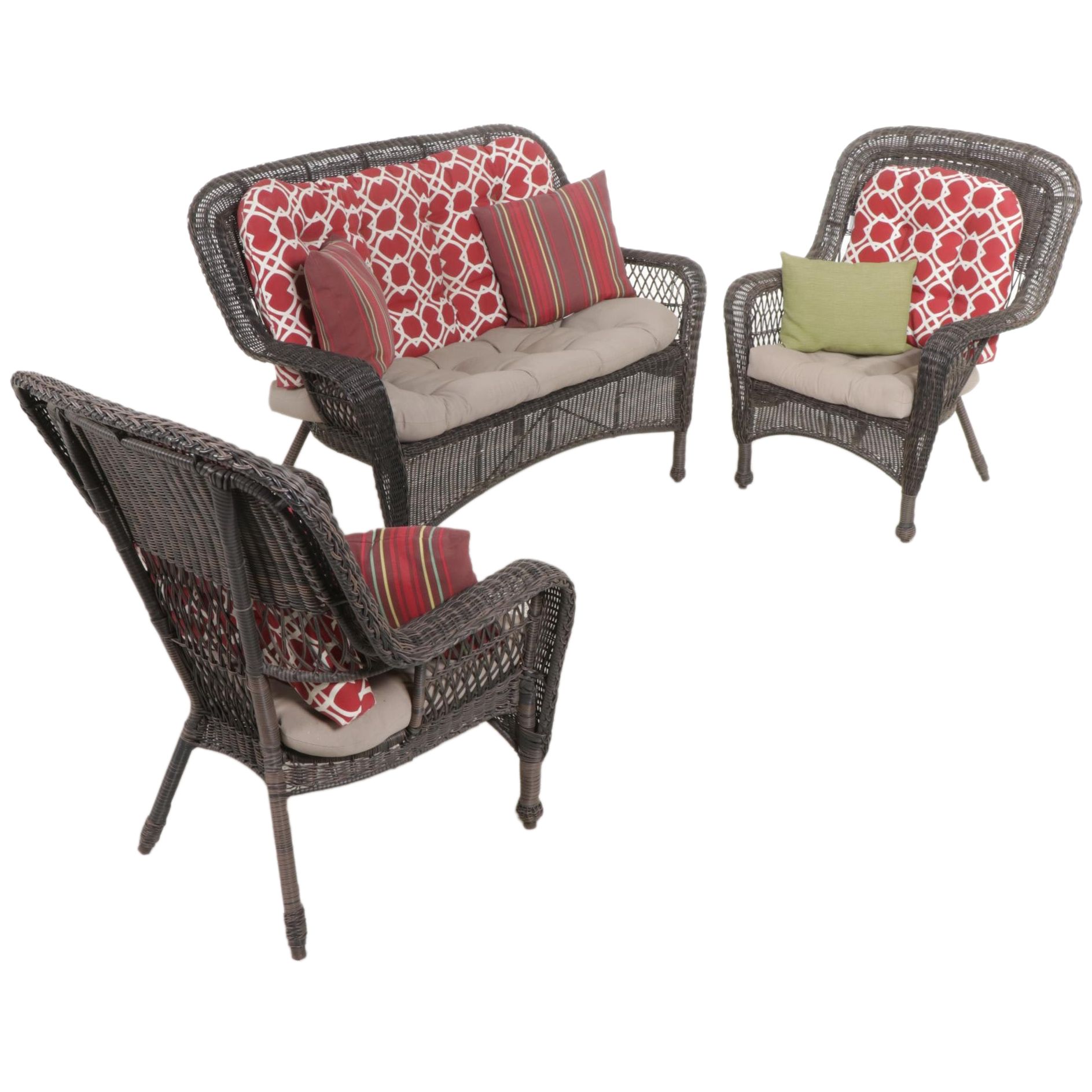 Contemporary Wicker ThreePiece Loveseat and Armchair Set with Cushions