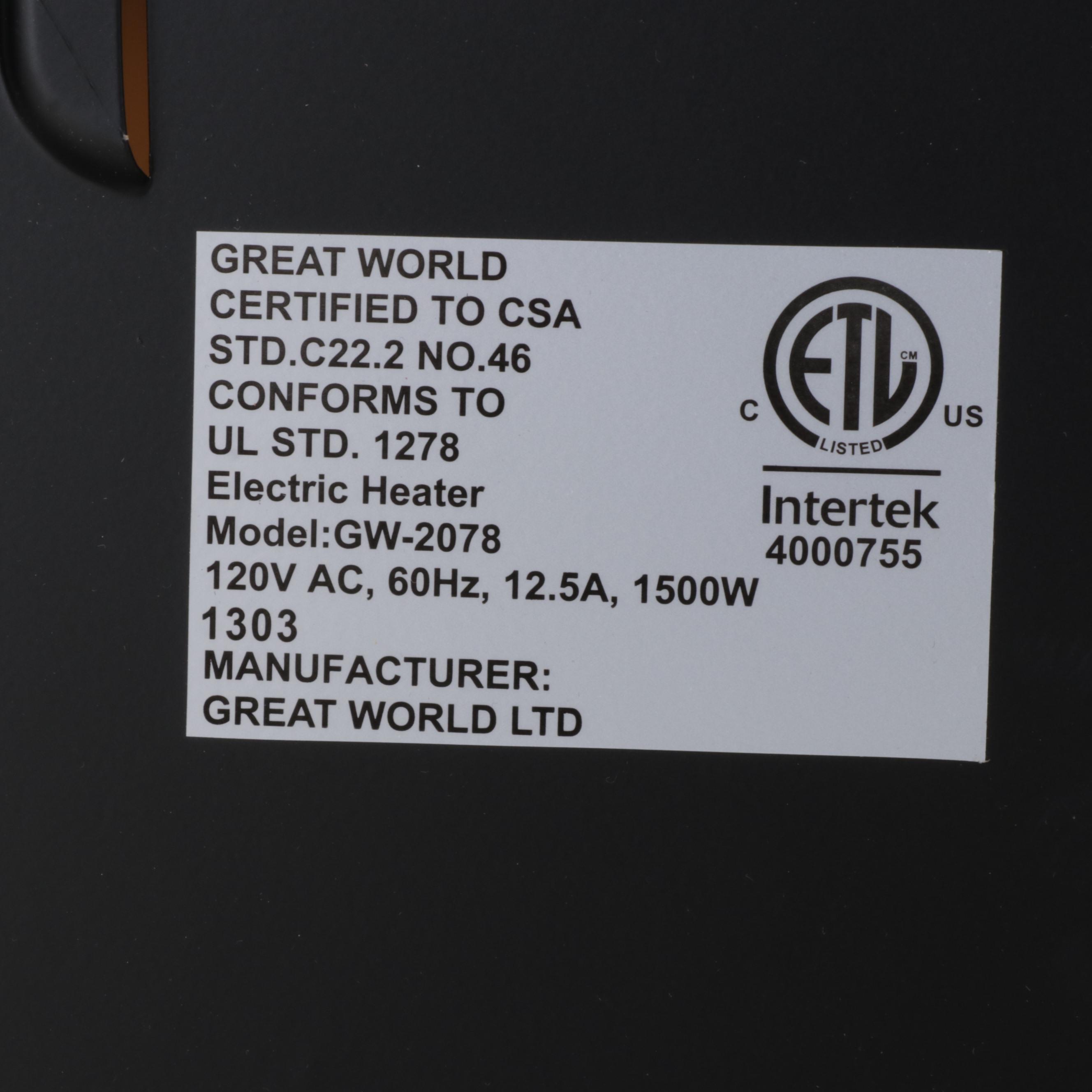 Great World Ltd. "Model GW2078" OakFinished Electric Fireplace EBTH