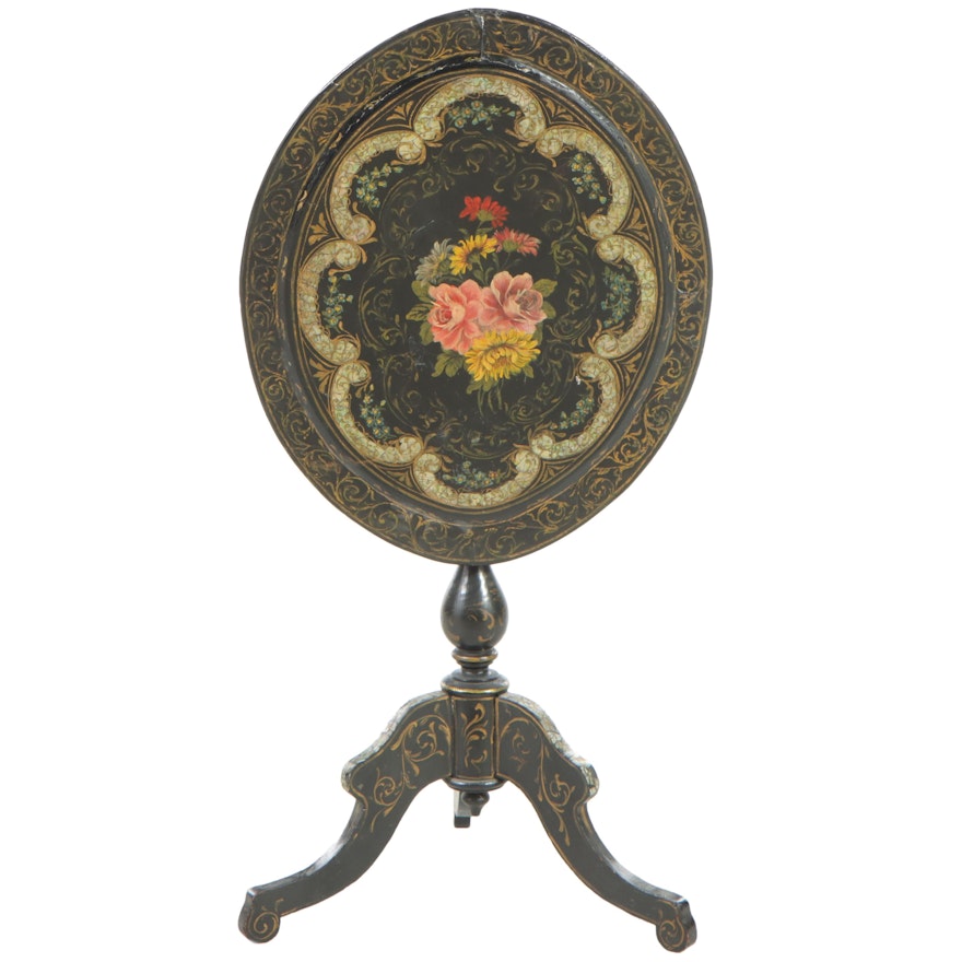 Victorian Painted and Shell-Inlaid Papier-mâché Tilt Top Table