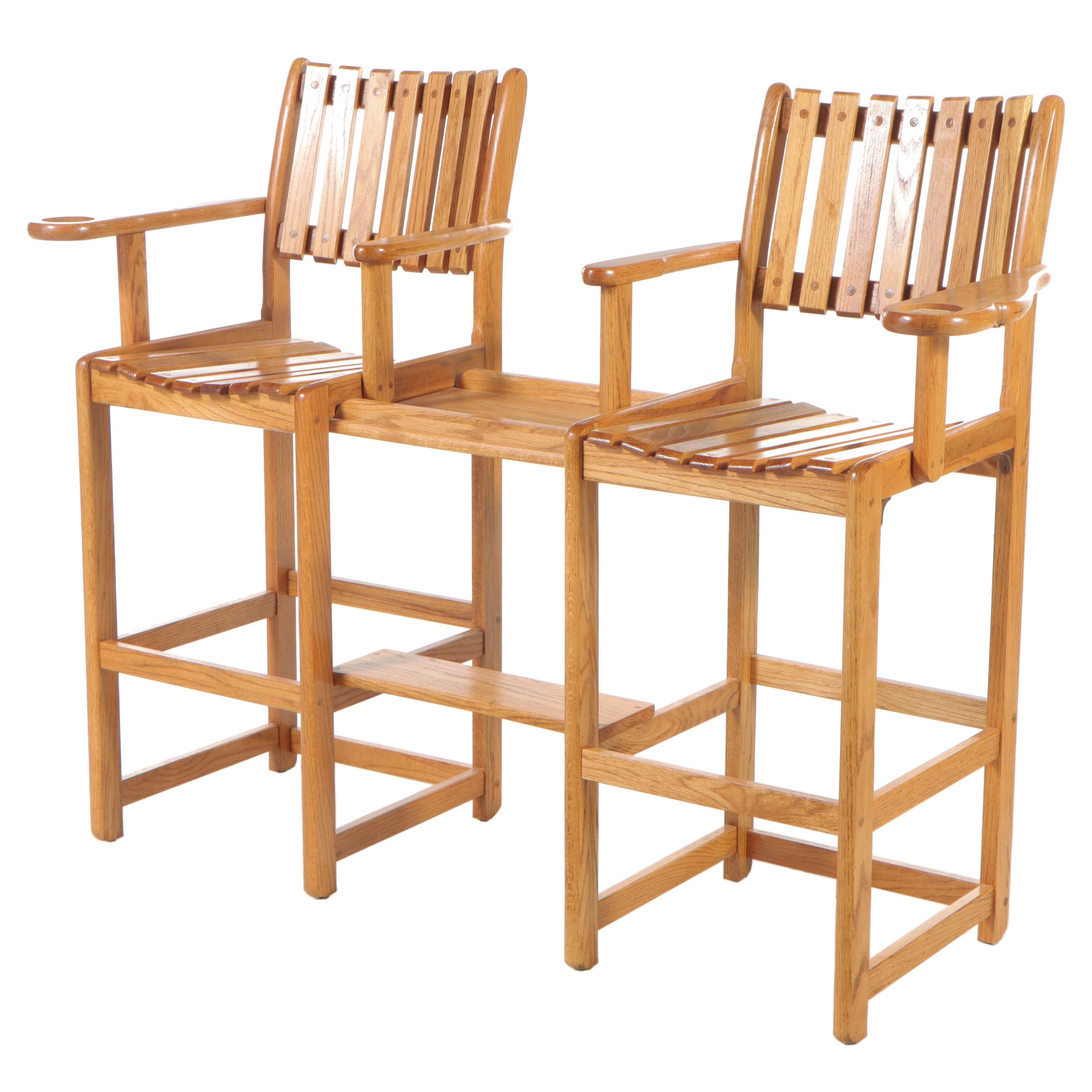 Slatted Oak HighTop Double Chair with Table Stretcher, Late 20th