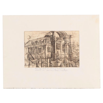 Etching of Building with Ink Drawing on Verso, 1970