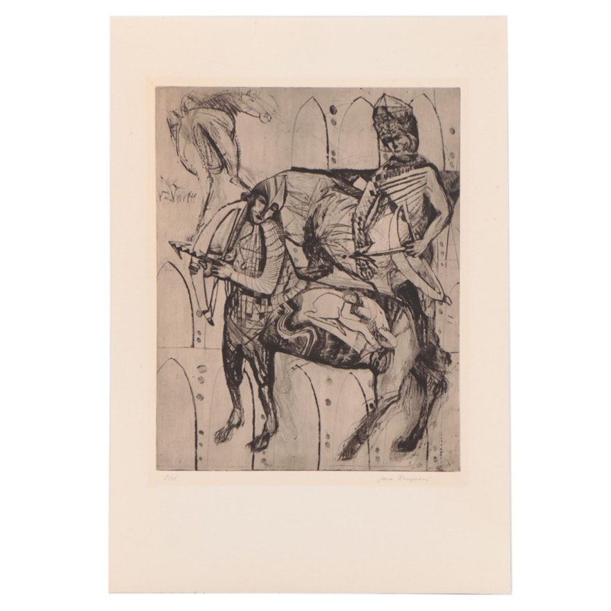 Jana Bergerová Etching With Drypoint of Feudal Scene