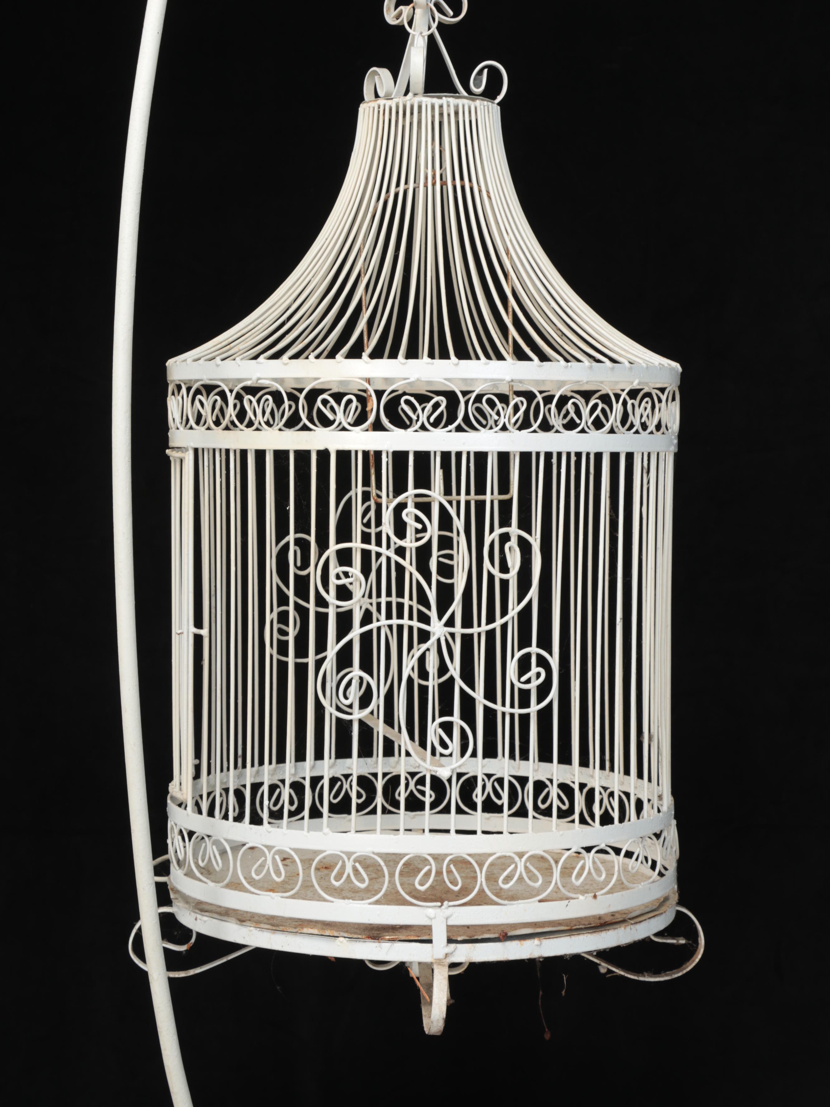 Victorian Style WhitePainted Metal Hanging Birdcage and Stand EBTH