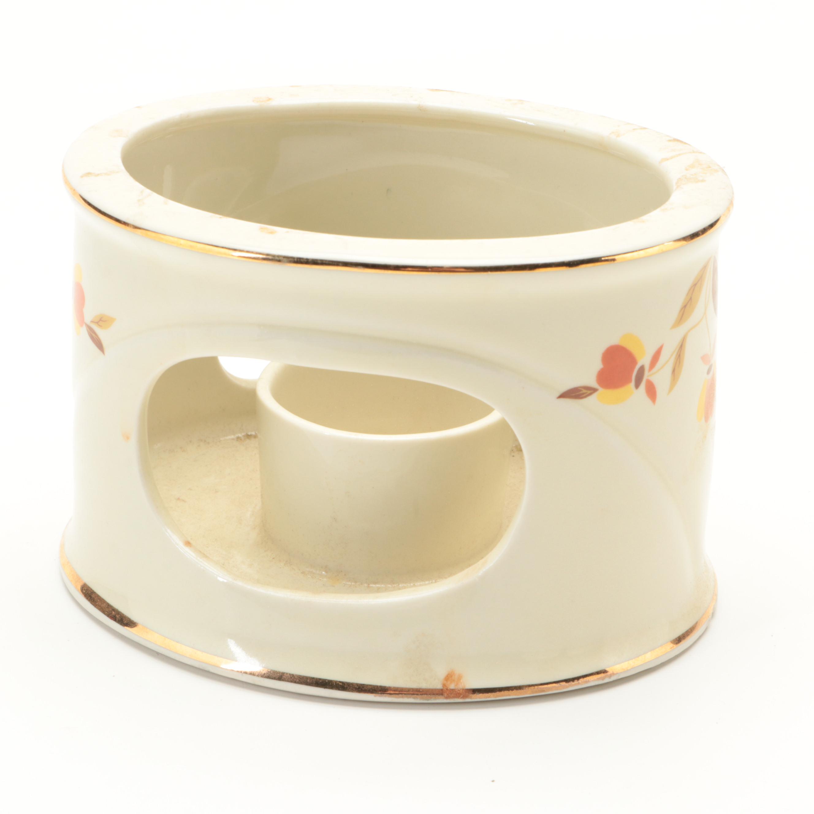 Hall China "Autumn Leaf" Ceramic Teapot and Warming Stand with