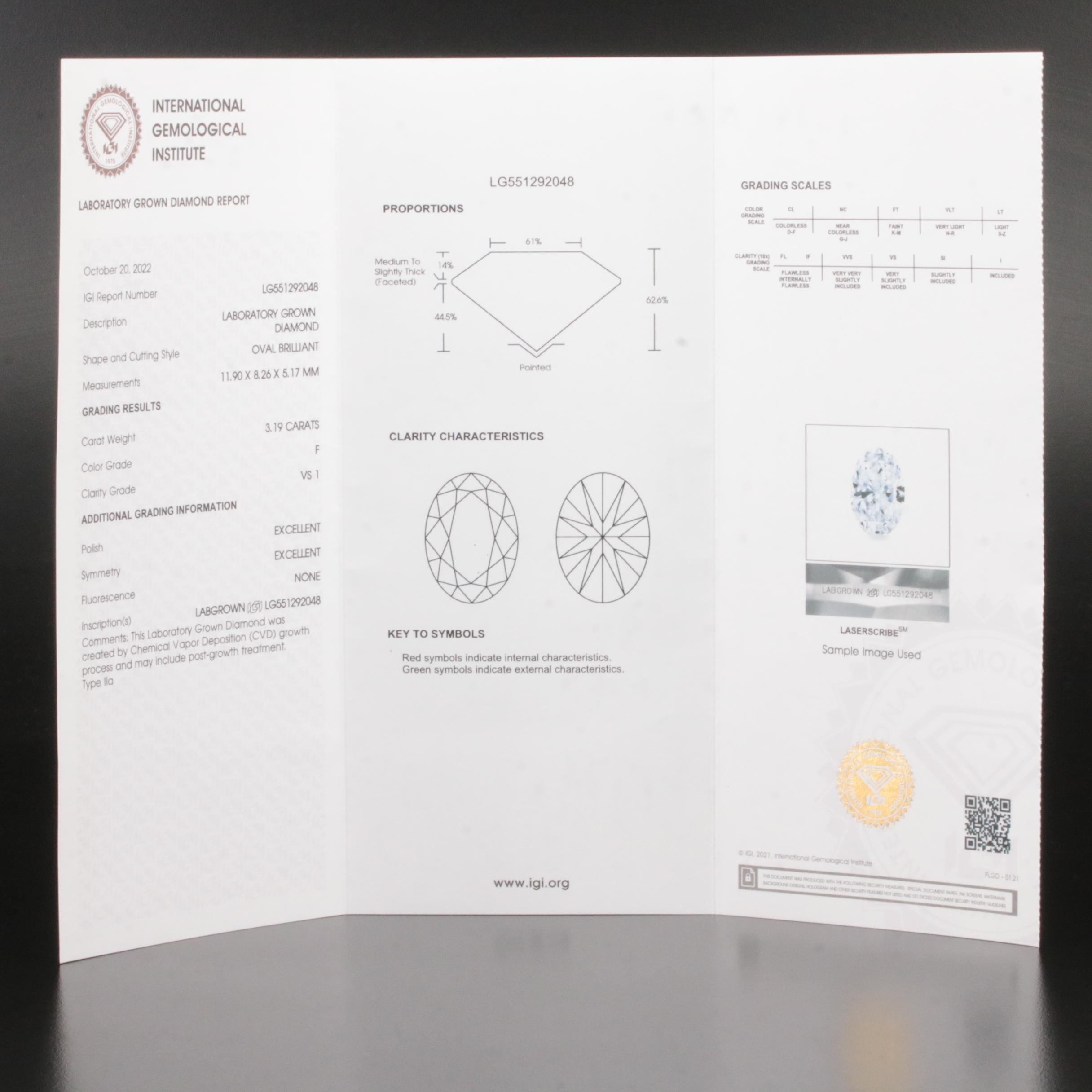 Loose 3.19 CT Lab Grown Diamond with IGI Report EBTH